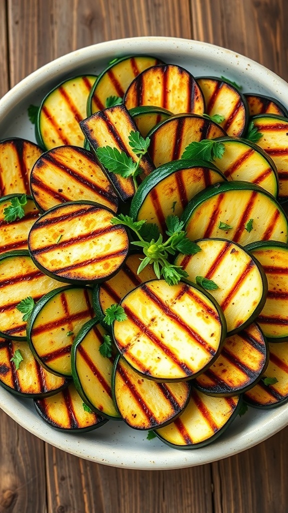 Grilled Zucchini Recipe Grilled zucchini slices on a platter, garnished with herbs, on a rustic wooden table.